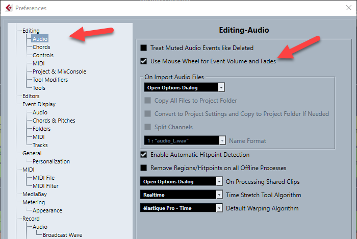 Cubase Preferences: Use Mouse Wheel for Event Volume