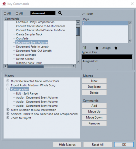 Cubase Window Key Commands decrement