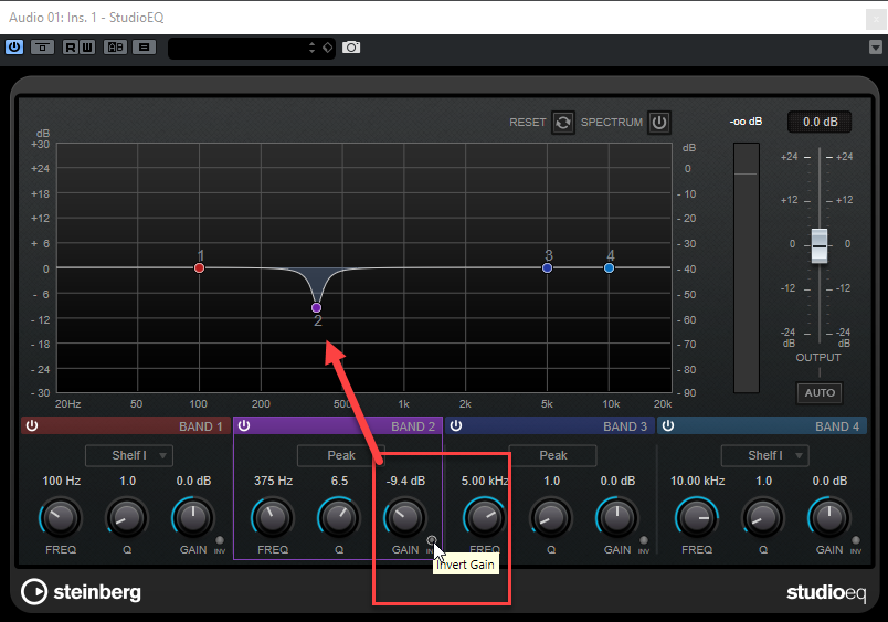 Afbeelding: Invert Gain After in StudioEQ in Cubase