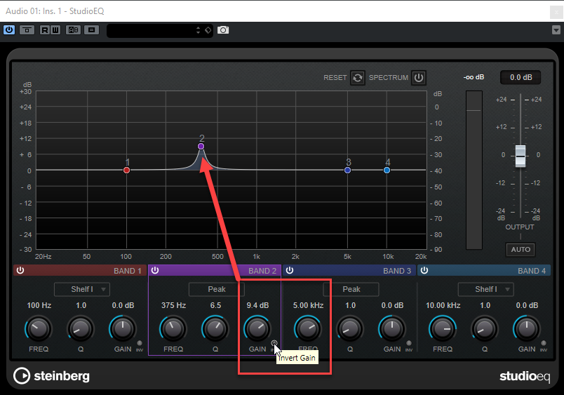 Afbeelding: Invert Gain Before in Studio EQ in Cubase