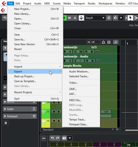 Afbeelding van Export Audio Menu in Cubase