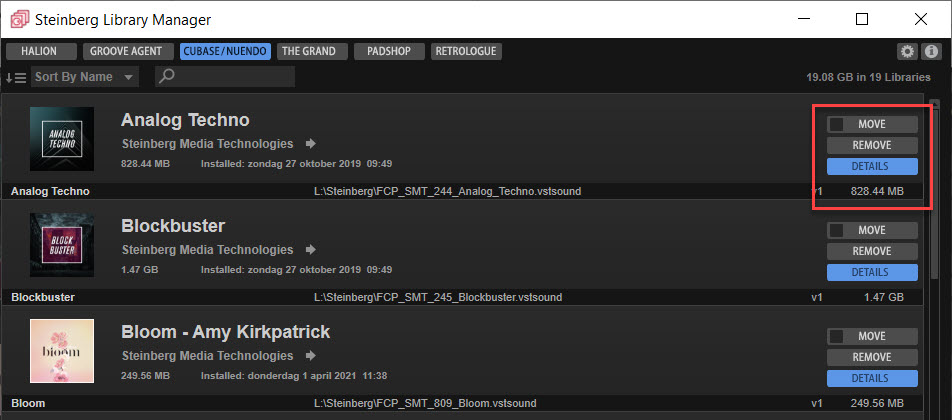Schermafbeelding van Steinberg Library Manager met nadruk op Move, Remove en Details. Details zijn opgengeklapt.